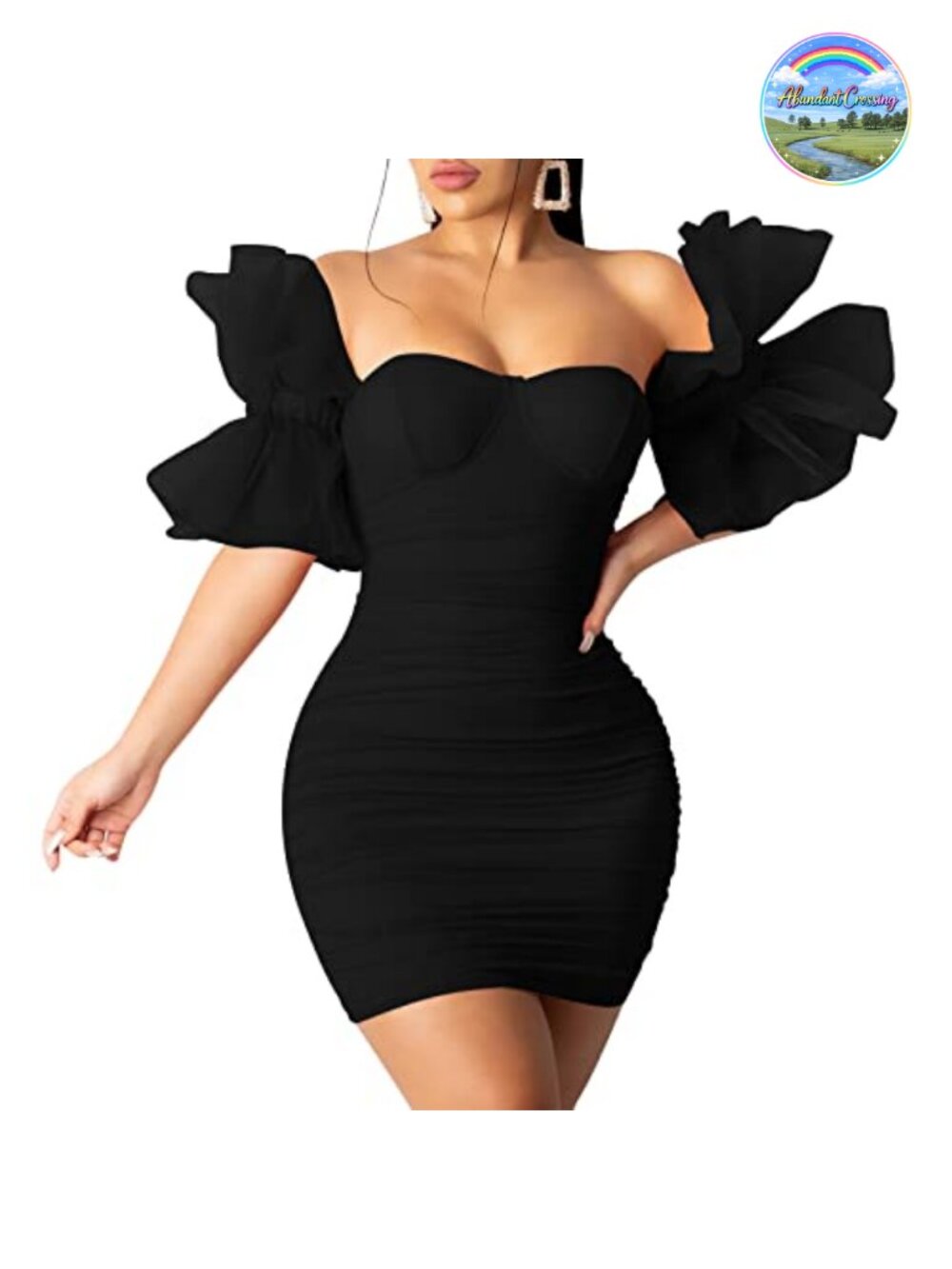 Off Shoulder Mesh Puff Sleeve Bodycon Cocktail Dress